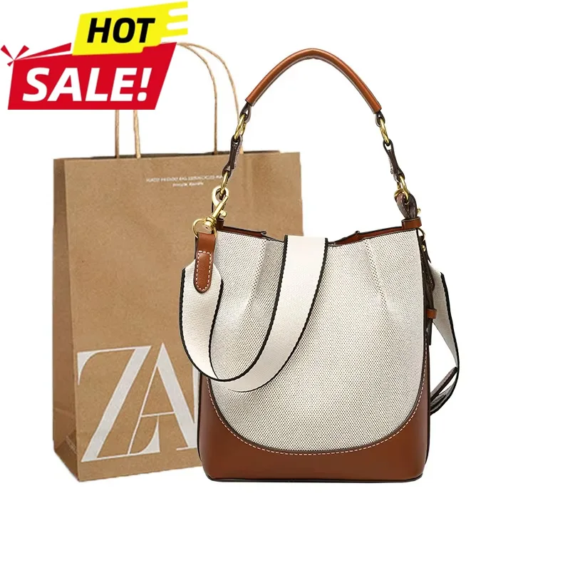 New Women's Large Capacity Bucket Bags with Wide Shoulder Strap Single Shoulder Handbag Drawstring Handheld Crossbody Bags