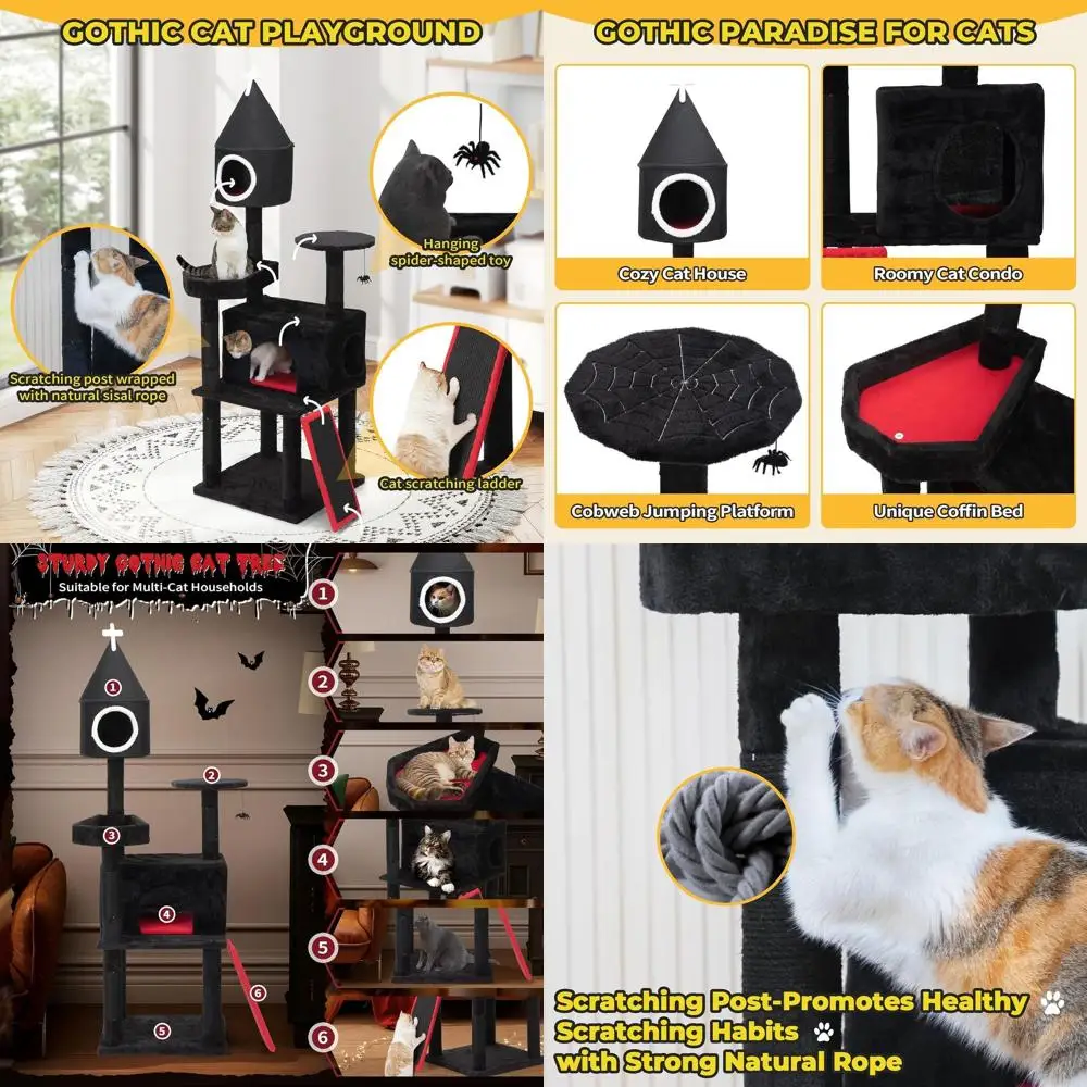 

Элегантная 64-уровневая готическая кошачья башня с кроватью-гробиком для домашних кошек, идеально подходит для Хэллоуина