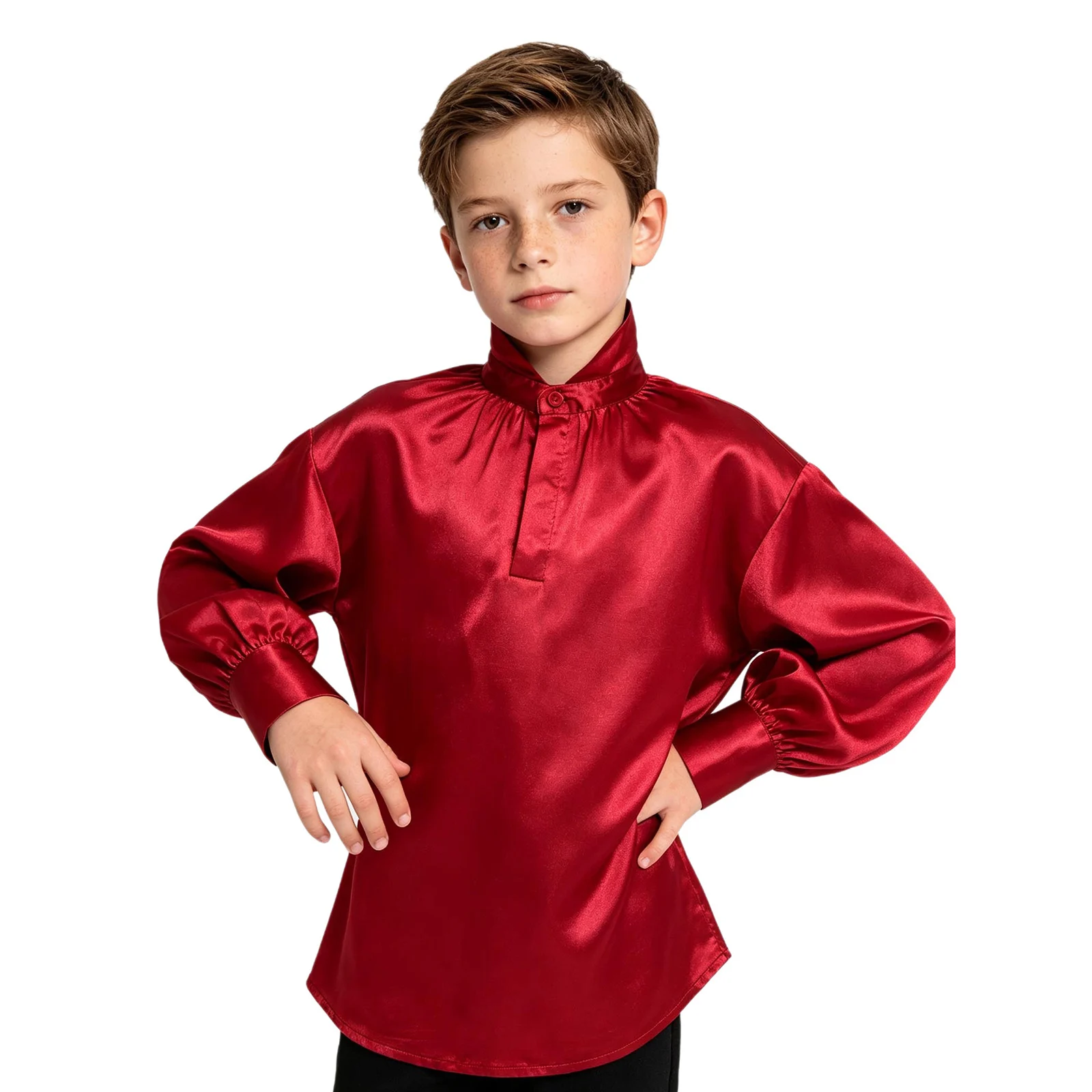 Kids Boys Renaissance Satin Shirt Stand Collar Long Sleeves Button Cuffs Button-up Pullover Top Halloween Theme Party Costume
