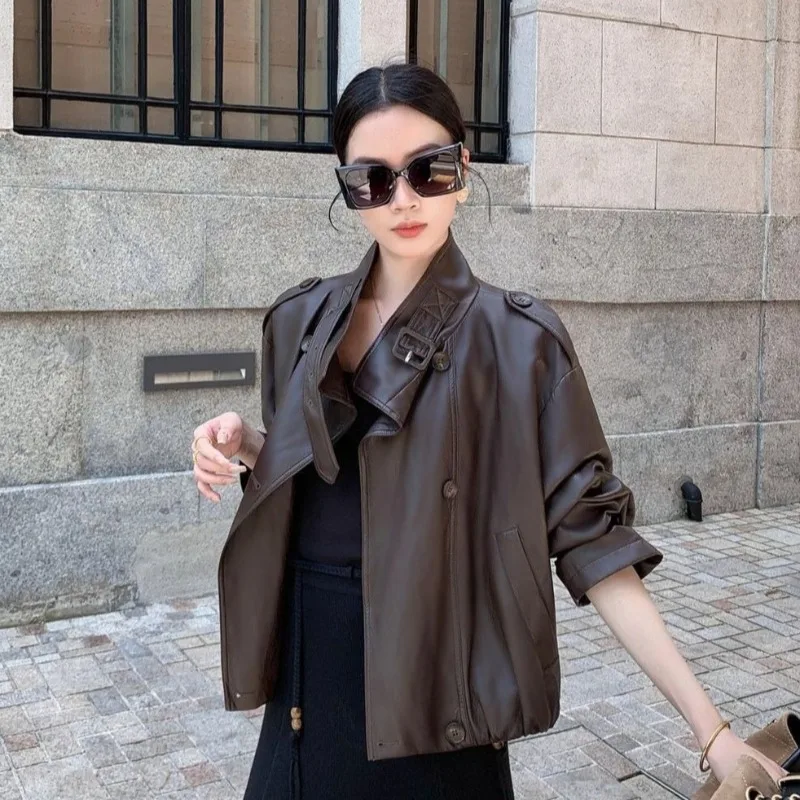 2026 Fashion Short Leather Jacket Women's Autumn Winter Faux Leather Coat Zip-up Stand-up Collar Streetwear Loose PU Outerwear