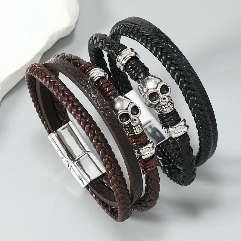 Multi-layer Leather Bracelet Stainless Steel Skull Beaded Men's Bracelets Braided Magnetic Clasp Bangles Fashion Jewelry