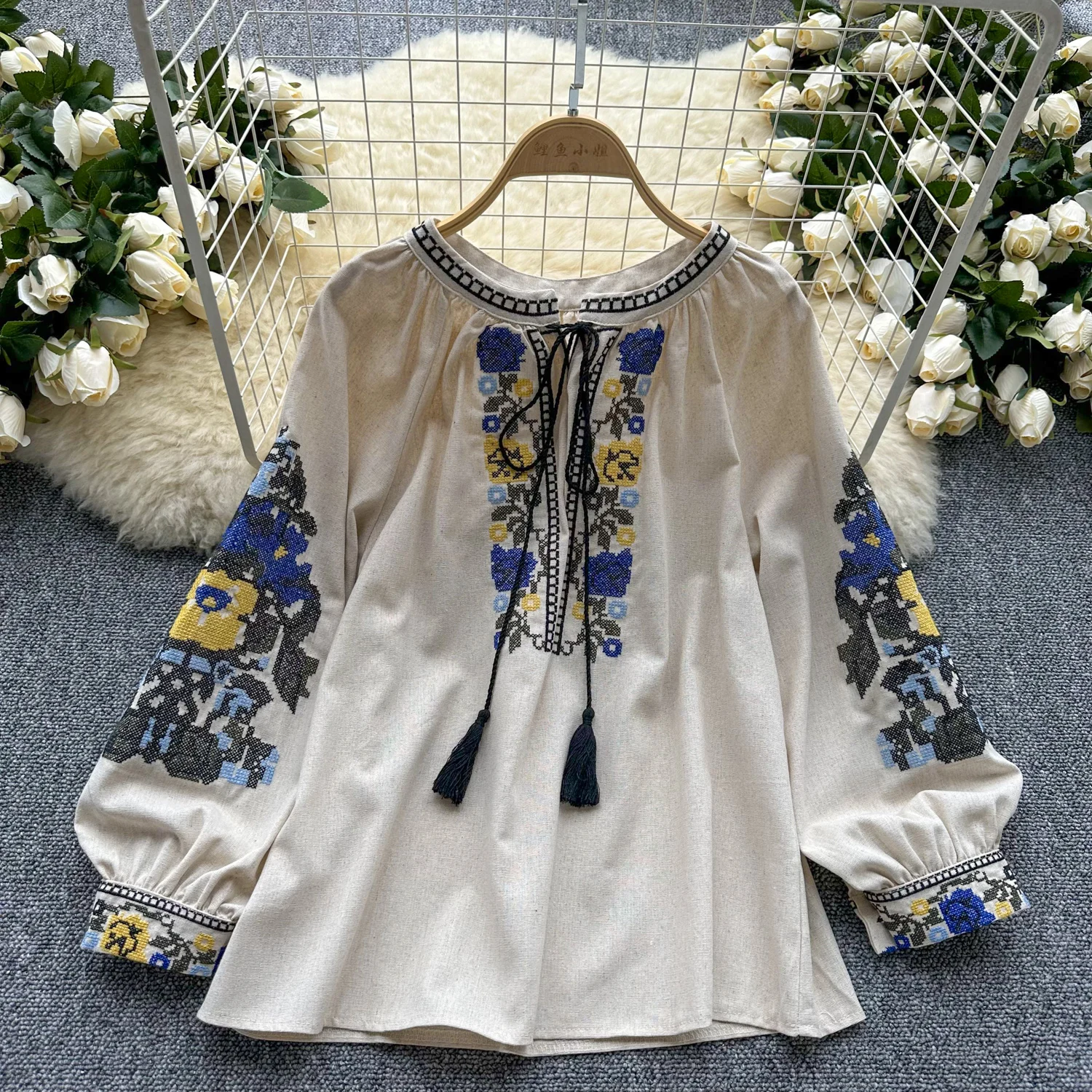 Vintage Elegant Embroidery sweet lool sleeve Lace-up Blouse Fashion loose  Shirt  Casual Chic Top Fairy  Summer Women