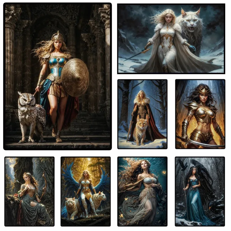 House of Goddesses Canvas Wall Art Enchanted Forest Athena Morana Freya Mystical Art Print Home Decor Fantasy Mythology Gift