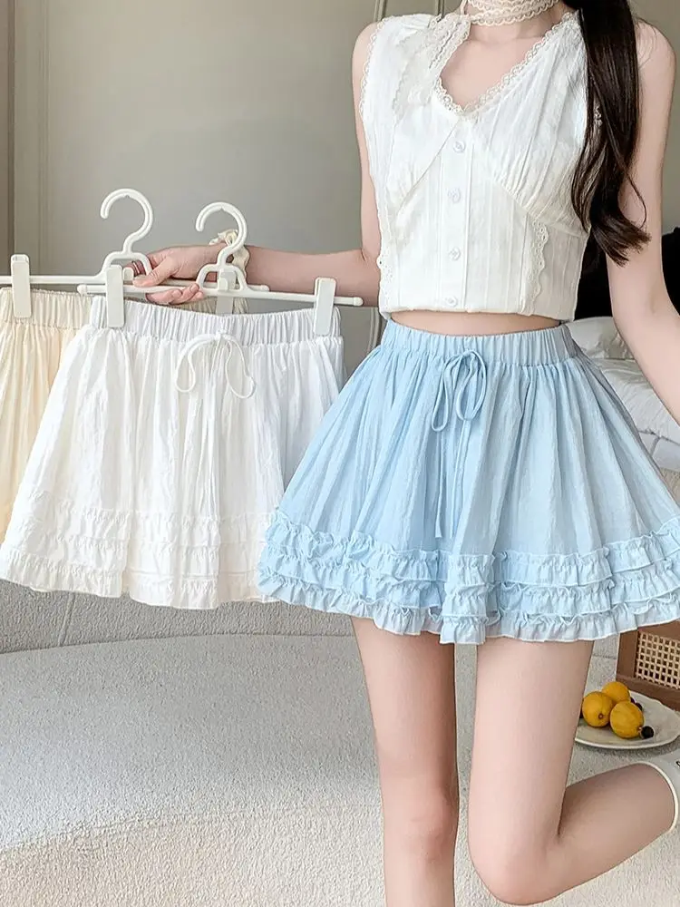 

Женская летняя юбка-трапеция с высокой талией, рюшами и оборками, многослойная мини-юбка в стиле Y2K для уличного образа