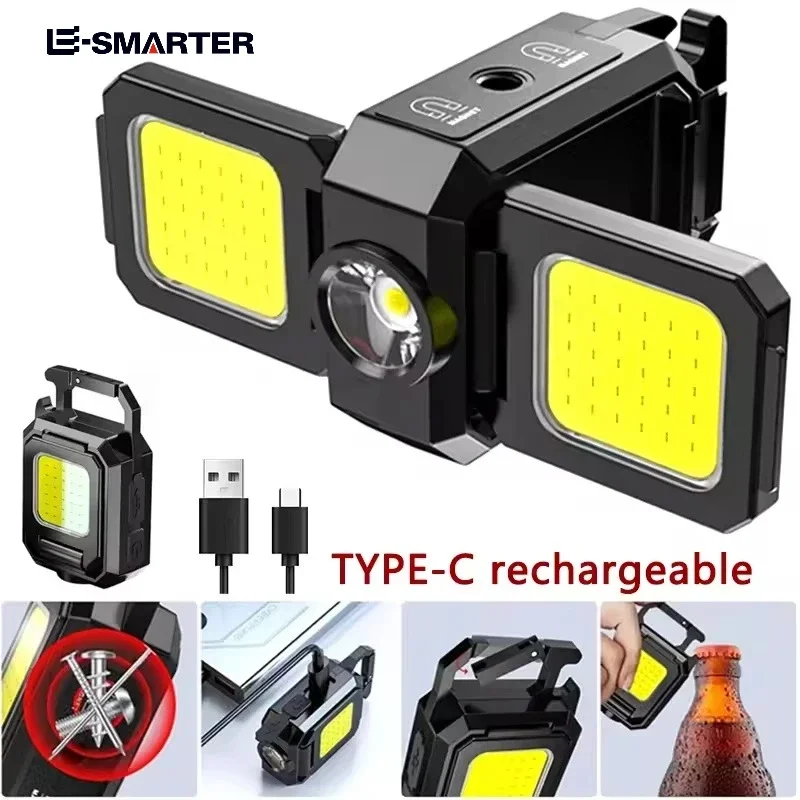 COB Work Light USB Rechargeable Lamp Flashlight Mini Keychain Light with 90° Foldable Side Lights Super Bright Portable Lanterns