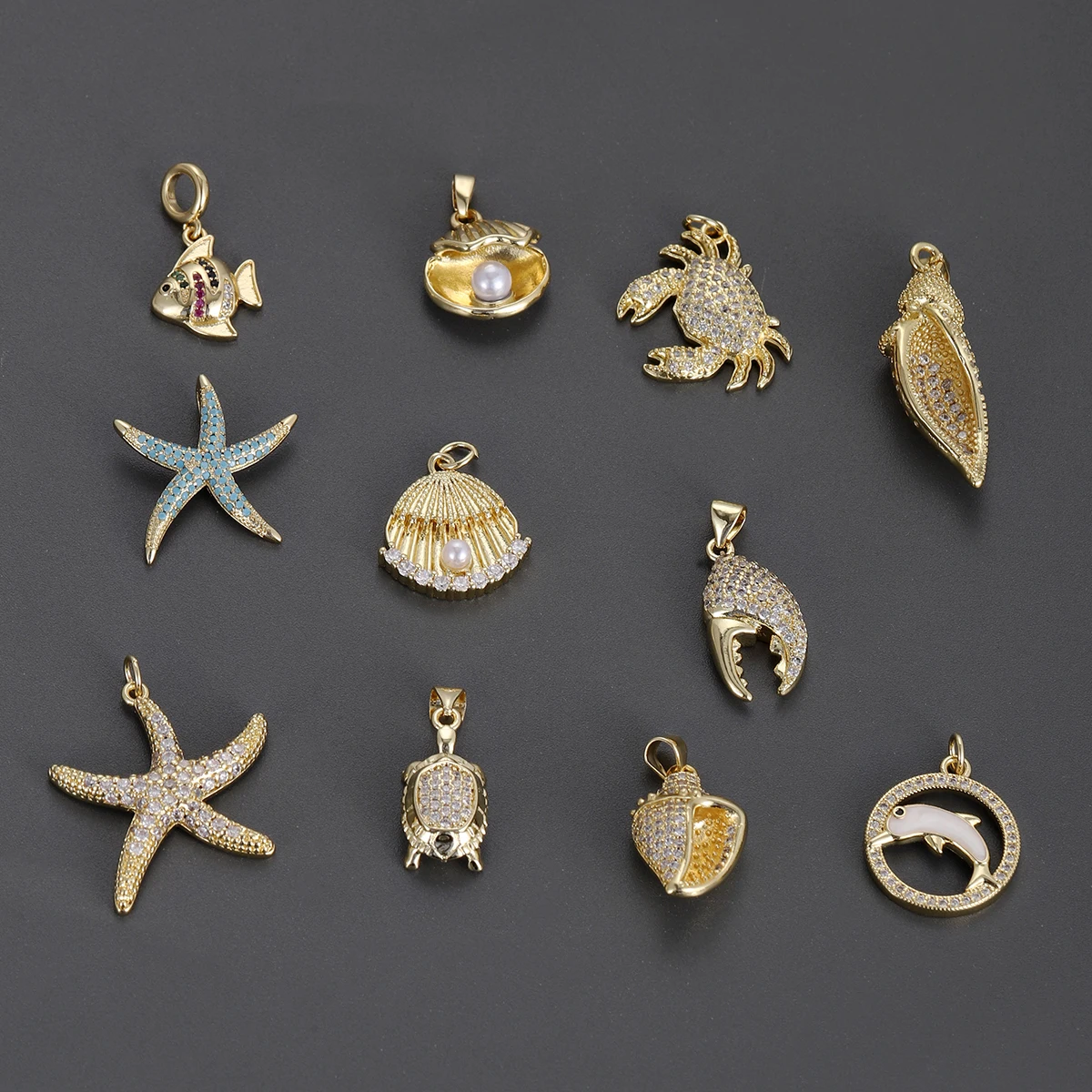 Boho Gold Plated Ocean Animal Charms Micro Pave CZ Starfish Shell Crab Dolphin Turtle Fish Pendant DIY Necklace Jewelry Making