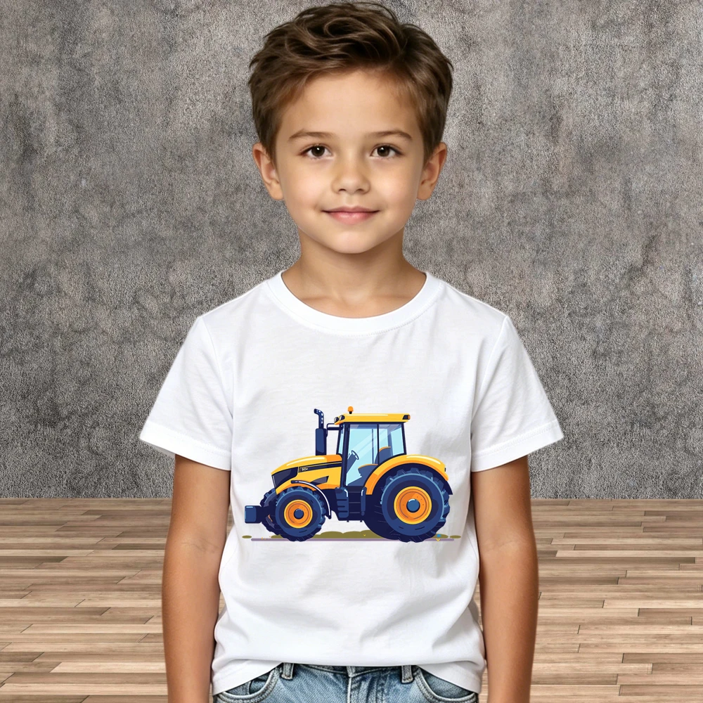 Boys Cartoon Tractor Graphic Tops T-Shirt Cotton Kids Summer Short Sleeve Shirts