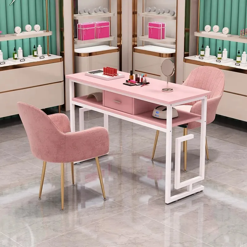 

Modern Exquisite Table Manicurist Pink Station Vanity Beauty Desk Manicure Commercial Mesas De Manicura Salon Furniture CY50NT