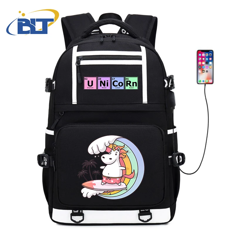 Unicorn print student school bag large capacity black backpack usb travel bag kids school gift