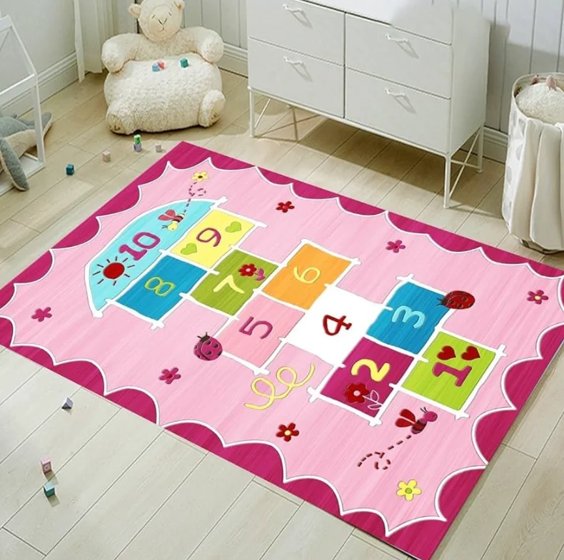 Rosa Hüpfspiel-Teppich für Kinder, Rutschfester Waschbarer Teppich für Kinderzimmer, Spielzimmer, Schlafzimmer, Wohnzimmer, Küche, Heimdekoration