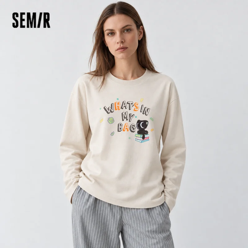Semir Women Tshirt Cotton Fabric Color Block Long Sleeve Oversized Fit Mid Length Retro Style 2026 Autumn Soft Comfort