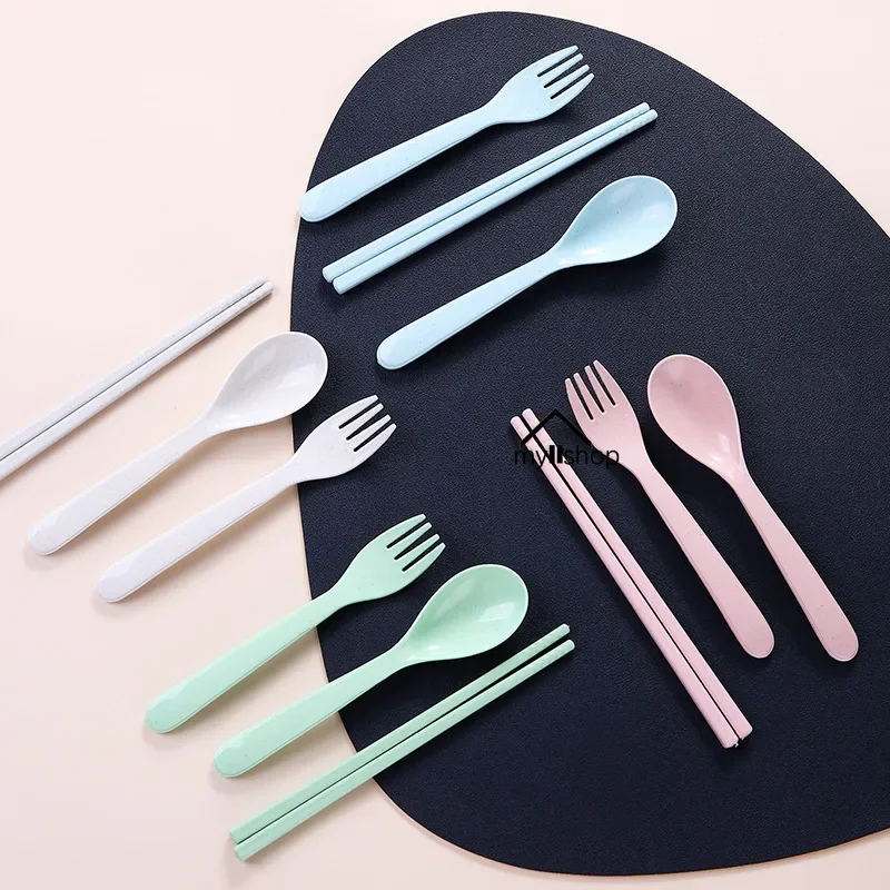 3pcs/set Wheat Tableware Set Portable Cutlery Box Plastic Cutlery Students Children Office Workers Dinnerware Sets Kitchen Tool