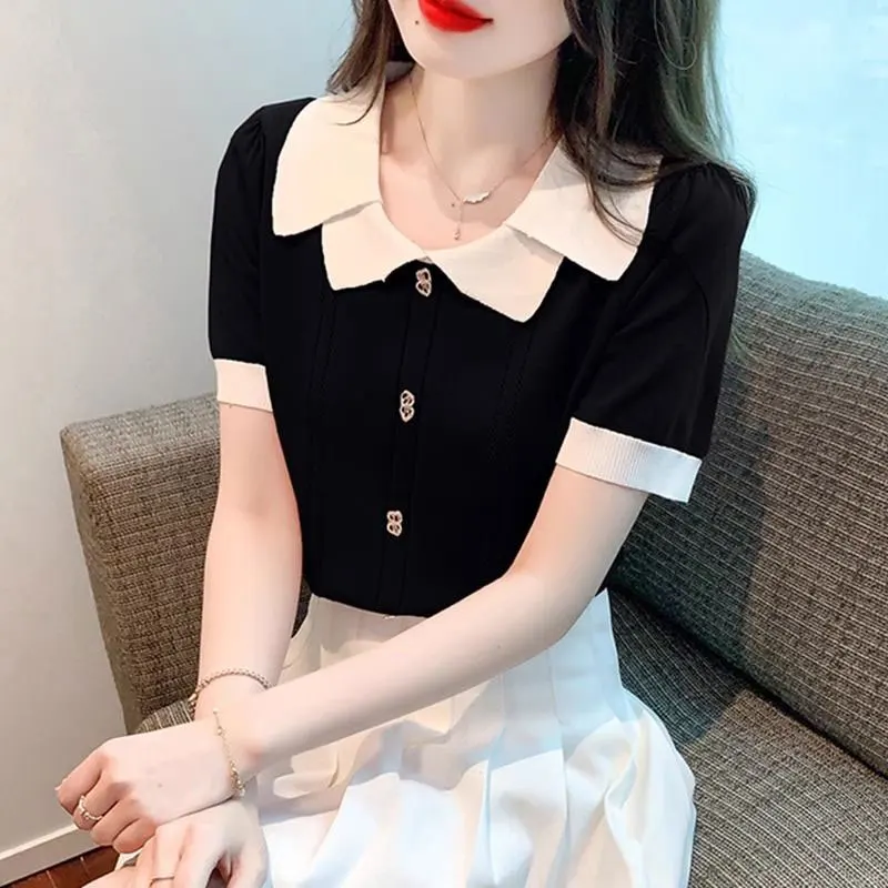 Women\'s Summer Casual Fashion Simplicity Doll Collar Short Sleeve T-Shirt Women Clothes Elegant All-match Temperament Slim Tops