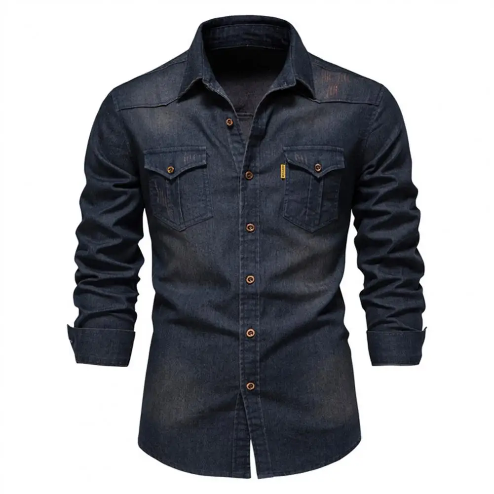 

Elastic Cotton Denim Shirt Men Long Sleeve Quality Cowboy Shirts For Men Casual Slim Fit Mens Designer Clothing Turn-down Collar