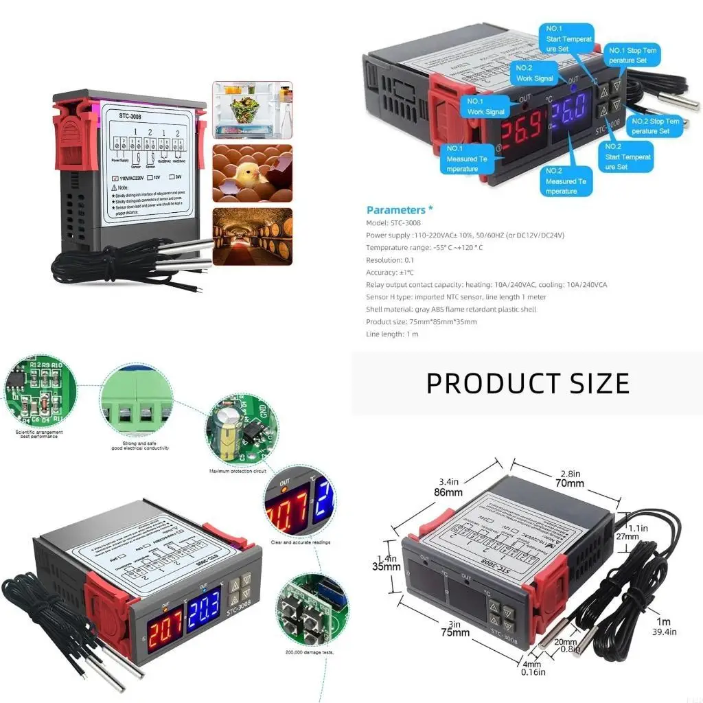 

F42D Double Probe Sensors Temperature Thermostat Controller 12V/24V/110-220V