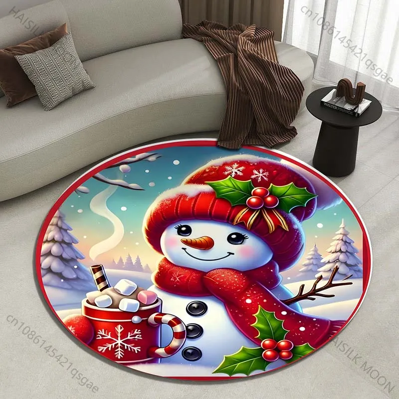 Snowman with hot drink in cozy winter scene Printed round carpet living room sofa table carpet large pet mat soft round carpet