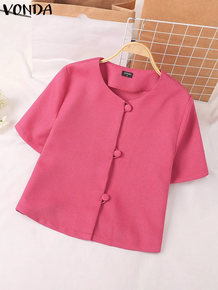 VONDA Fashion Women Blazer 2024 Summer Short Sleeve Solid Color Coats Buttons Casual Loose Elegant Office Blazer Basic Shirts