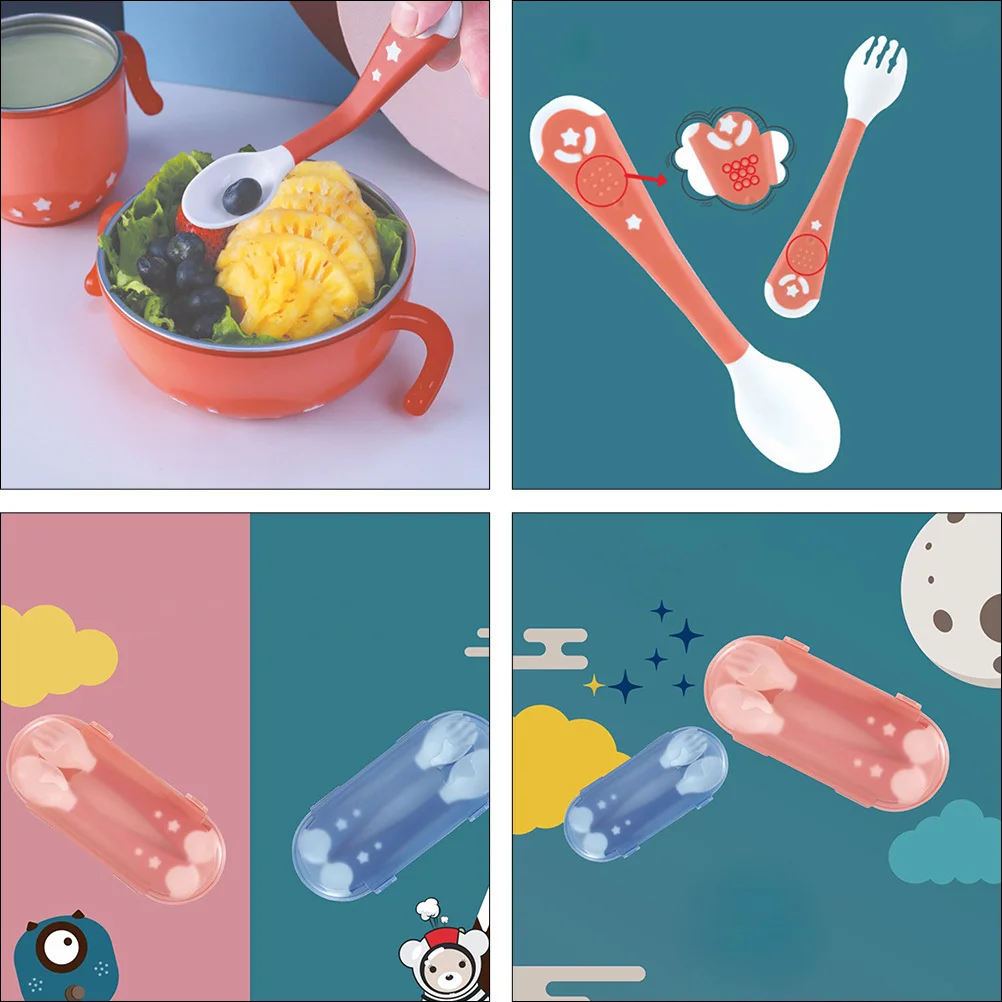 

1Set Baby Feeding Fork Spoon Set Bendable Food Grade PP Heat Resistant Self-Feeding Learning Utensils Soft Handle Non-