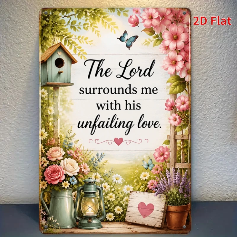 2D Flat - [2Dflat], 1pc 11.81X7.87inch The Lord Surrounds Me Tin Sign, Christian Floral Decorative Signs, Wall Decor Bedroom Gar