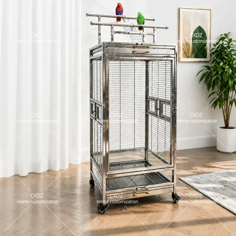 Stainless Steel Bird Cage with Acrylic Plate and Transparent Tempered Glass Small Courtyard Parrot Cage