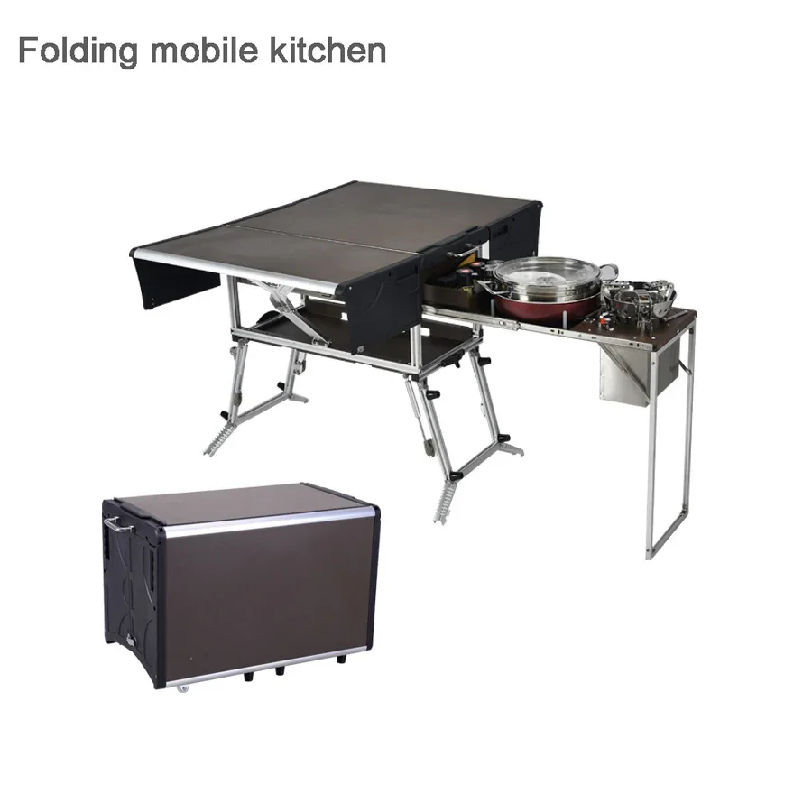 

Outdoor Vehicle Camping Mobile Kitchen Folding Picnic Table With Gas Stove And Tableware Cookware Set