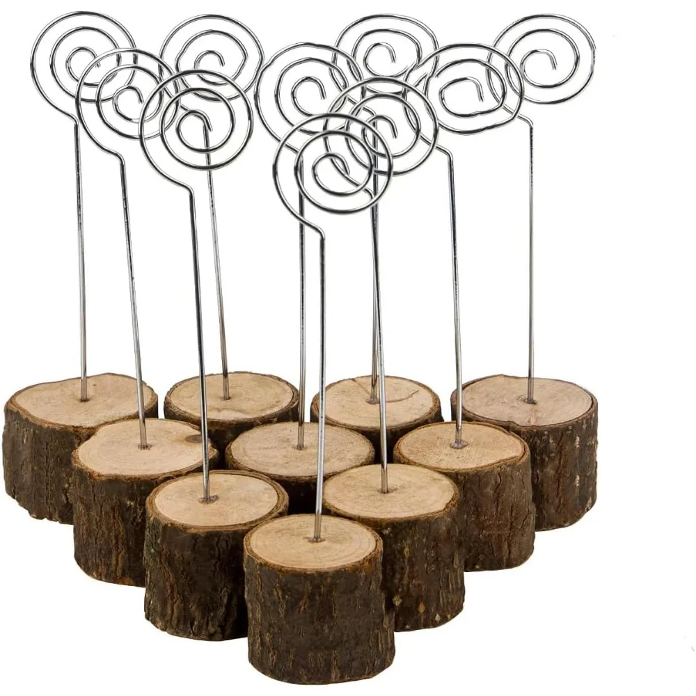 

Wood Place Card Holders with Swirl Wire Table Number Stands and Photo Holders for Weddings and Parties