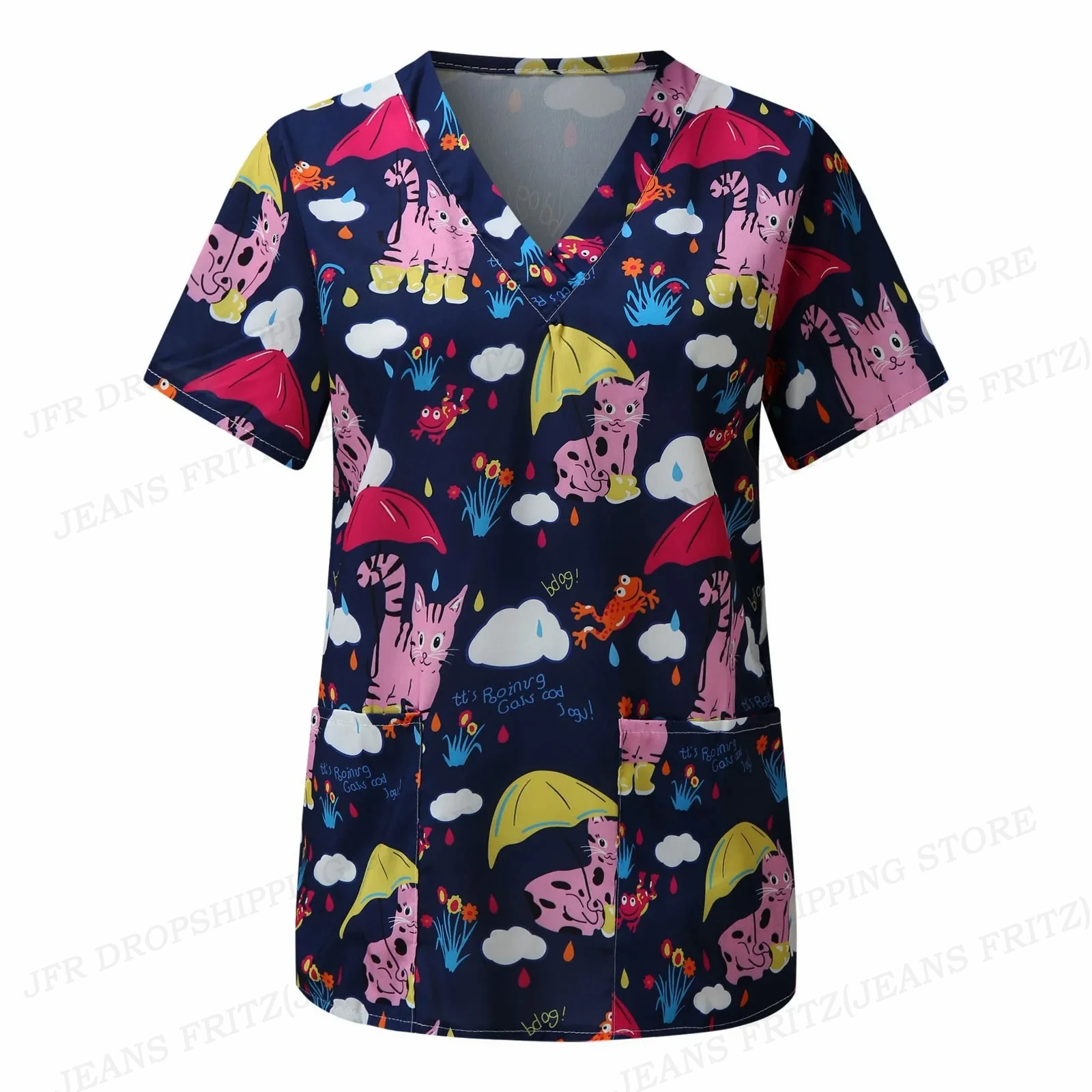 Pharmacist Dentist Veterinary Nurse Uniform Animal V-Neck Pocket Medical Uniforms Cartoon Nursing Scrubs Tops Uniforme enfermera