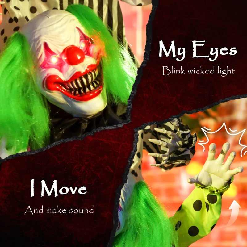 Clown Clown taille Décorations effrayantes Eerie Cheveux Clown Halloween Taille réelle Halloween Clown animé avec yeux lumineux rouges, S