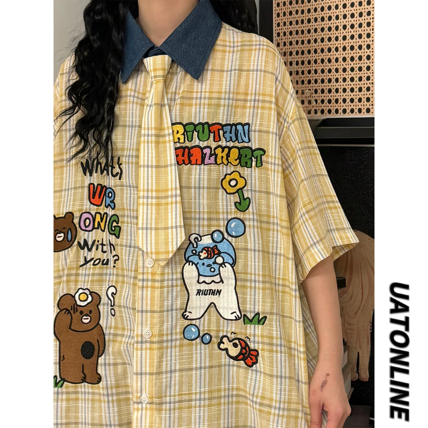

UATONLINE2026 Summer Street Style Cartoon Bear Embroidery Plaid Short Sleeve Women's Shirt Trendy Brand Loose Fit Neck