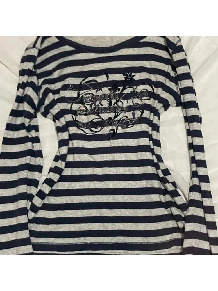 

HOUZHOU Gothic Striped T-shirts Women Vintage Japanese Harajuku Graphic Tees Grunge Black Y2k Punk Slim Up T-shirt Streetwear