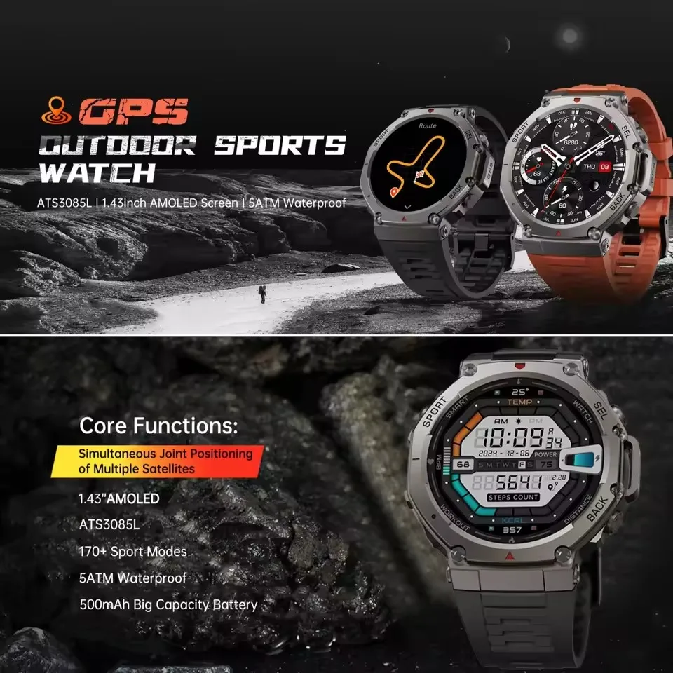 2025 جديد العسكرية T-Rex 3 GPS ساعة ذكية الرجال Smartwatch البوصلة مقياس الارتفاع الجوي 5ATM IP69K مقاوم للماء AMOLED ساعات رجالي