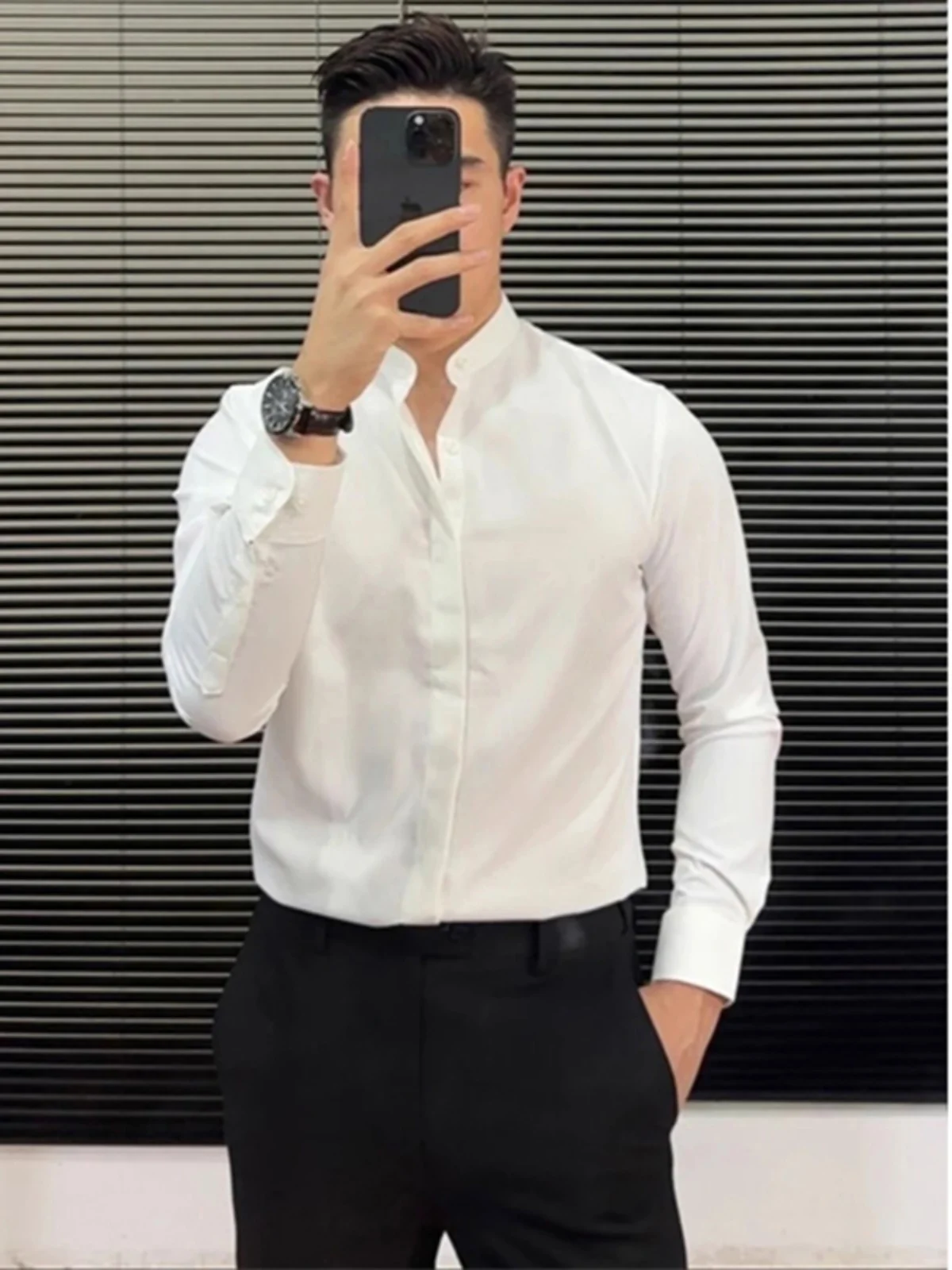 

Мужская рубашка с воротником-стойкой и длинным рукавом в китайском стиле, повседневная, простая белая рубашка для бизнеса и отдыха