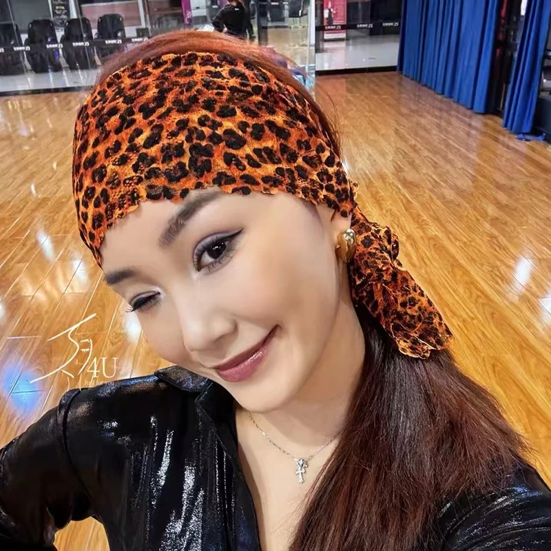 

Расширенная повязка на голову для латинских танцев, женские аксессуары для танцев, леопардовый кружевной головной убор, повязка для волос, одежда для танцев Rumba Cha Cha DNV24514