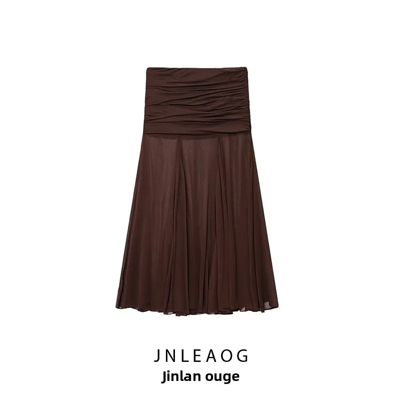 Spring New Arrival Women's Skirt Semi-Transparent Pleated Design High Waist A-Line Summer Casual Zipper Pure Color Polyester