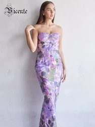 VC New Sexy Luxury Women Lavender Strapless Floral-Embroidered Sequin Long Dress Flower Sequined Slim Dresses Evening Party Gown