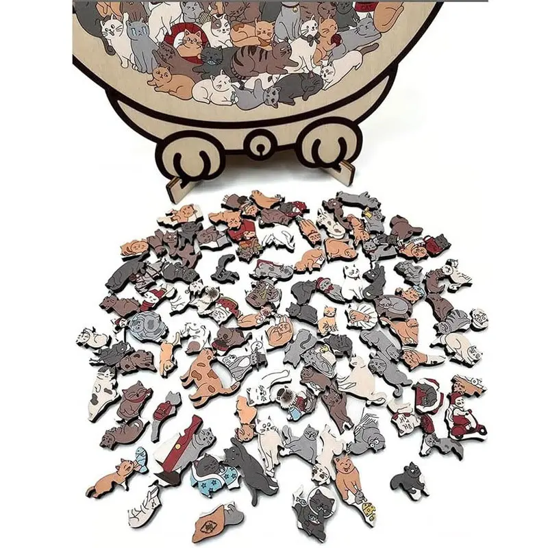 135 PCS Cat-shaped Wooden Jigsaw Puzzle Unique Irregular Puzzle Pieces Game Birthday Xmas Gifts for Cat Lovers Home Decorations