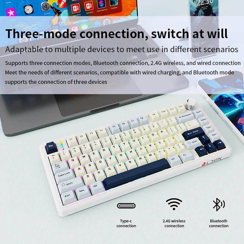 LX83 75% Hot Swappable Wireless Keyboard 80 Keys Tri-Mode Connection RGB Backlighting with Metal Volume Knob for Enhanced Gaming