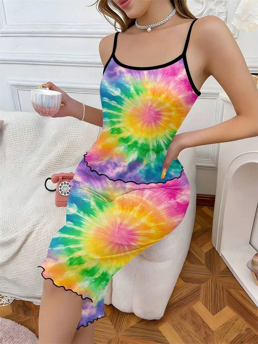 

Womens Tie Dye Rainbow Spiral Print Camisole Pajama Set
