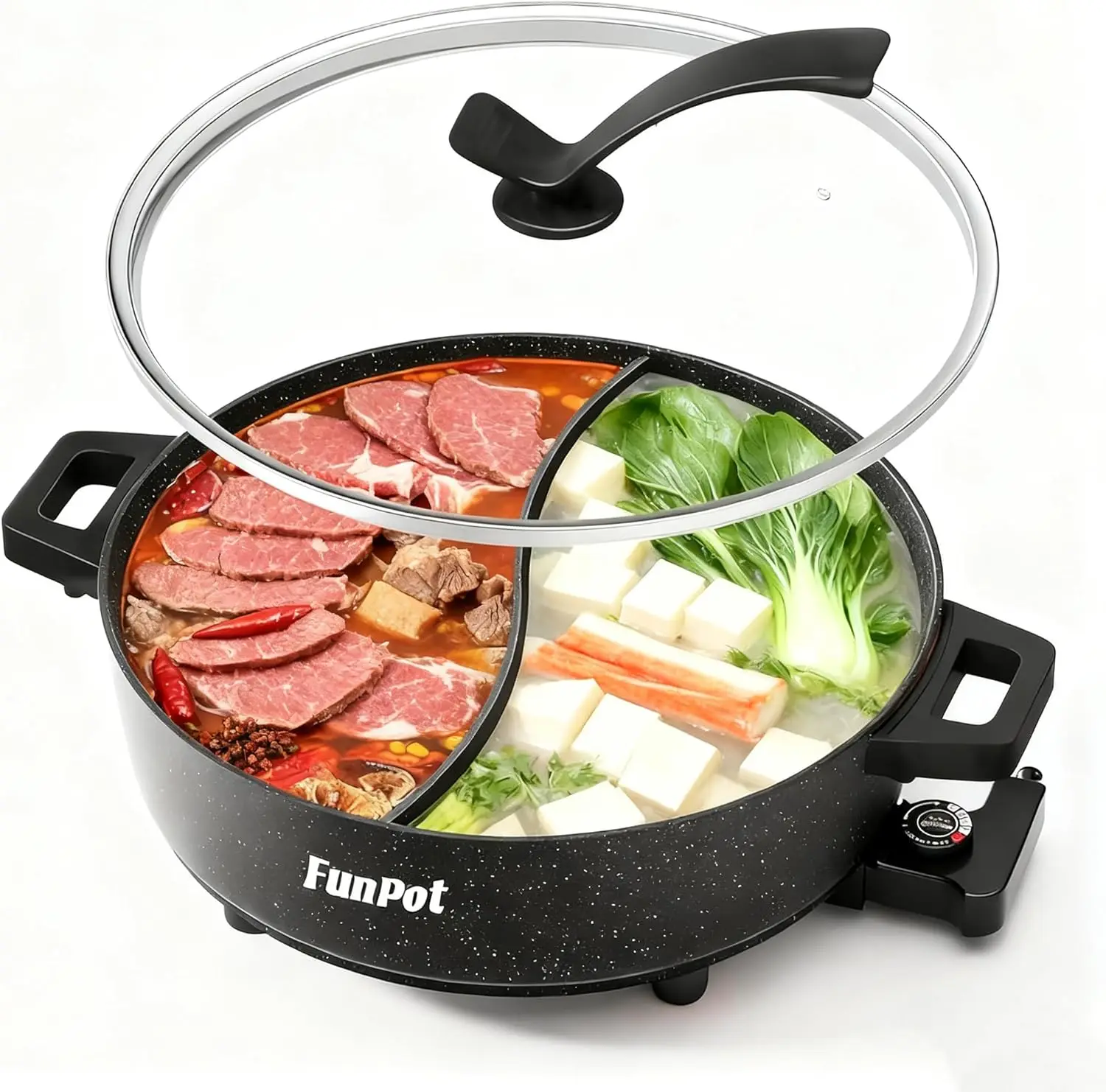 

6L Electric Hot Pot, S-Shape Divider, Smart Temp Control, 5 Settings, 1350W Fast Boil, Diamond Nonstick (Black Hollow Handles)