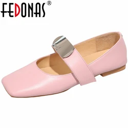 FEDONAS New Mary Jane Flats Shoes Woman Genuine Leather Metal Decoration Fashion Square Toe Party Wedding Shoes Casual Flats