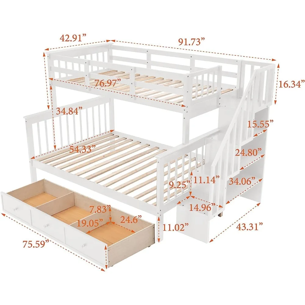 Litera doble sobre dos camas completas con escaleras, camas literarias con cajones de almacenamiento y estantes abiertos, camas de escalera de madera (blanco)