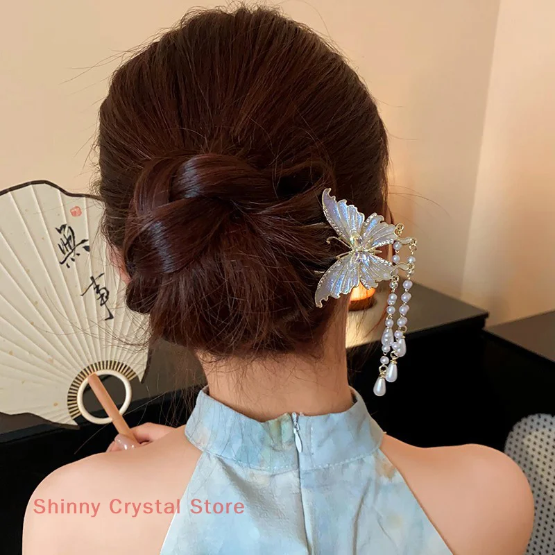 Épingle à cheveux à pampilles en perles de Style chinois, épingle à cheveux oscillante de Style ancien pour femmes, épingle à cheveux légère de luxe en forme de U pour jupe visage de cheval