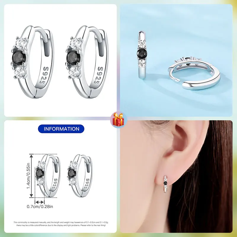 серьги Lucky Color Earrings For Girl Black Purple Green Blue Simple Stones S925 Hoop Earrings Birthday Gift Silver Jewelry 반지