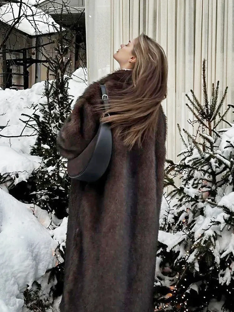 ZADORIN 120 cm Super Long luxe hiver marron fausse fourrure manteau femme élégant ceinturé revers épais moelleux fourrure veste de haute qualité manteaux