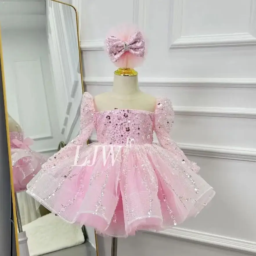 

Fashion Sequined Flower Girls Dresses for Princess Elegant girl carnival party evening dress Long-sleeved Birthday Party Outfit