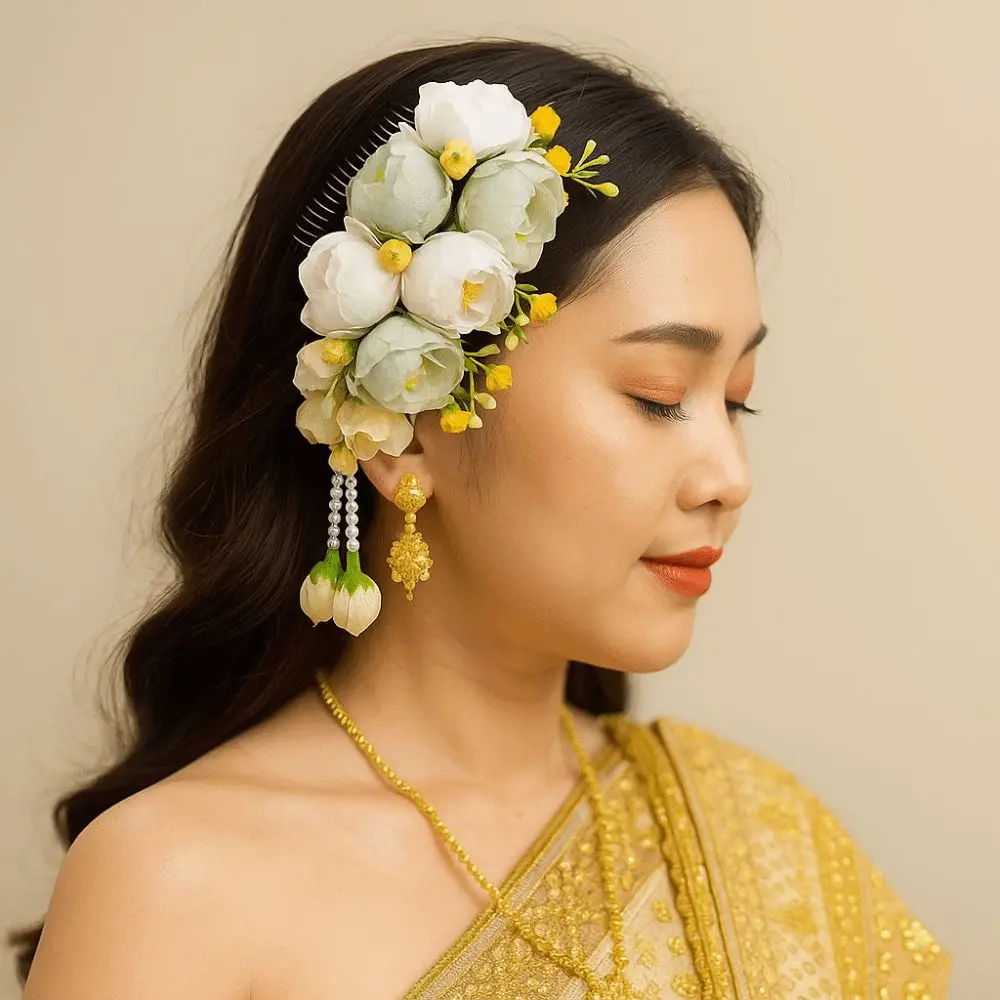 

Barrettes Sweet Flower Hair Comb Tassel Bohemian Thailand Flower Hairpin Side Clip Fixed Combs Thai Hair Accessories Girls