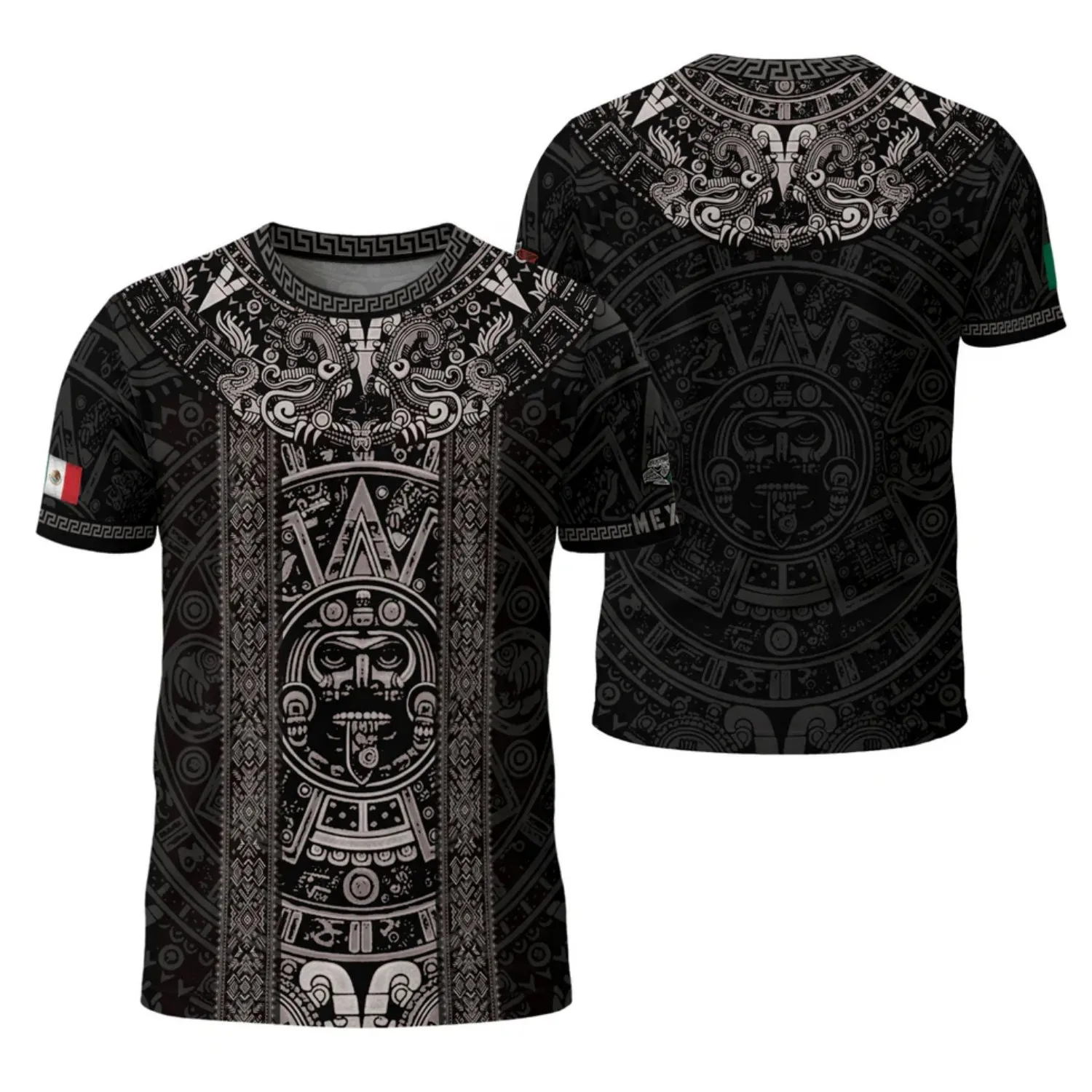 Mens Round Neck T Shirt Mexico Silver Aztec Calendar Graphic Short Sleeve Casual Tops with Dark Tribal Pattern Streetwear Styles