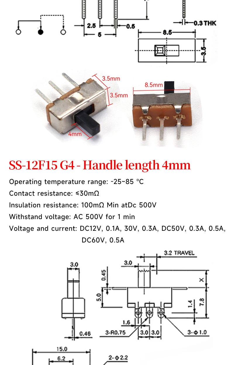 5 Stück Mini-SPDT-Schiebe-Kippschaltergriff 3/5mm MSS-22D018 SS-12D00 SK-22D07 MSK-12C02 SS-12F44 MSK23D19 - Elektronisches Bauteil – Detail 10