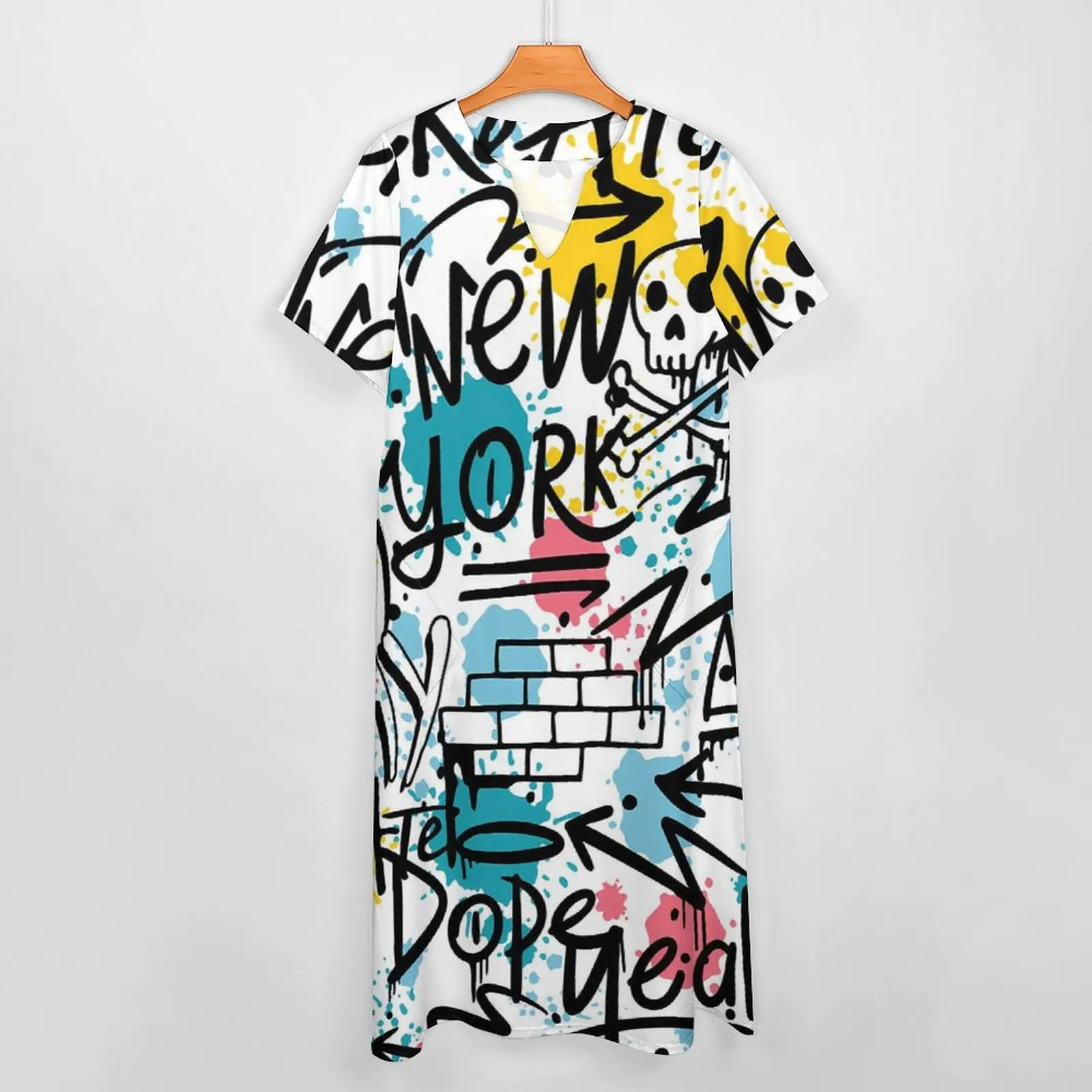 Graffiti Print Dress Spring New York Aesthetic Casual Long Dresses Women Pattern Kawaii Maxi Dress Big Size 4XL 5XL