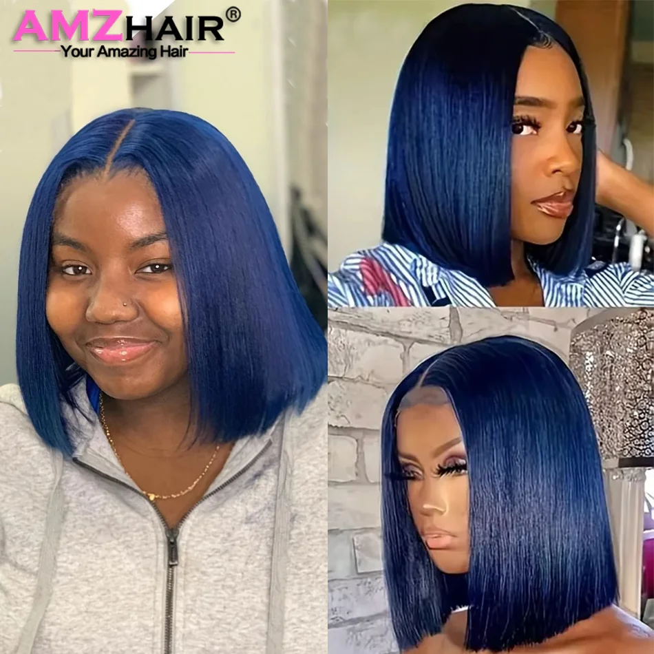Peluca de cabello humano con malla frontal, pelo corto de color azul marino, línea de pelo Natural prearrancada con pelo de bebé, 13x4